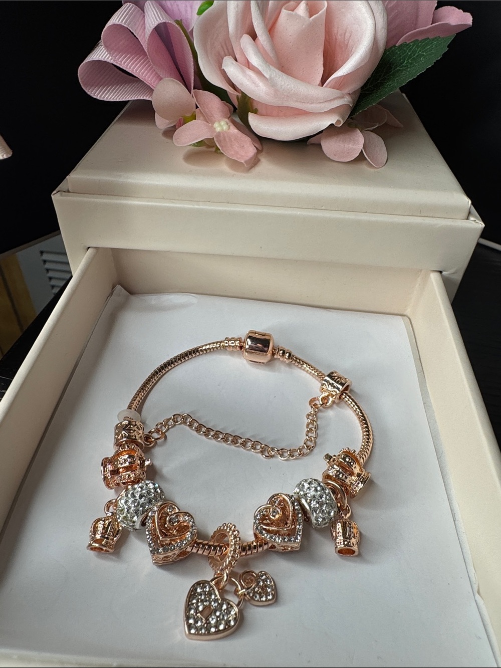 Rose Gold Heart Charm Bracelet with Sparkling CZ Accents